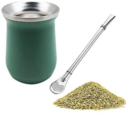 Kit Mate de Yerba Tradicional con Bombilla, Vaso Térmico de Acero Inoxidable, Color Verde Menta y marrón.