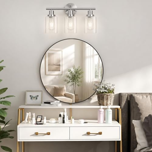 Image of Unicozin Modern Bathroom Light Fixtures, 3 Light Vanity Lights with E26 Bulbs, Brushed Nickel Wall Lamp with Clear Glass for Mirror Living Room Hallway Cabinet Porch