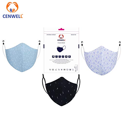 Image of Cenwell 3 Pcs Pure Cotton Face Mask with Nose Pin, Melt Blown Layer, Adjustable Ear Loop & Ear Saver Strap, Reusable Washable Fabric Mask For Men & Women