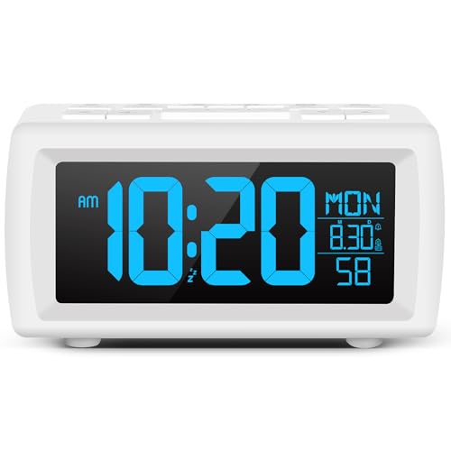 Digital Alarm Clock Radio for Bedroom Bedside Clock with Large Display 7 Colour Modes & Auto Dimmer Dual Alarm FM Radio Mains or Battery Desk Clock Snooze Sleep Timer White/Upgrade