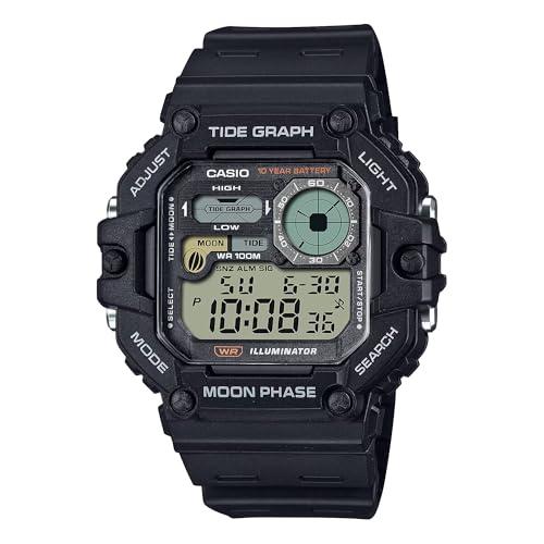 Casio WS-1700H Series | Illuminator Tide Graph Moon Phase | Men’s Digital Watch | Black | 100M WR | Resin Band | Dual Time | Countdown Timer | Multi Alarms | Auto Calendar | LED Backlight | 10 Yr Batt