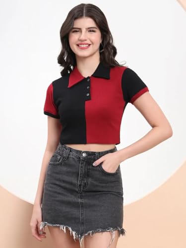 Image of Cotton Ribbed Polo Crop Top for Women - Dual Tone Summer Casual Tee