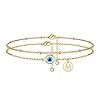 Evil Eye Ankle Bracelets for Women, 14K Gold Plated Double Layering With Evil Eye Anklet Bead Chain Disc Letter Charm Anklet Bracelets Hypoallergenic Jewelry for Women Beach Gifts Gold Jewelry M
