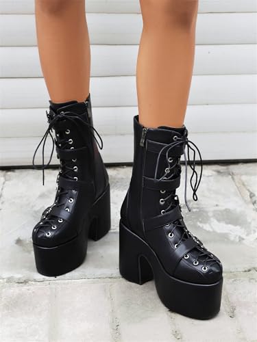 Women's Goth Bat Buckle Lace Up Ankle High Boots Closed Square Toe Chunky High Heeled Strtetch GoGo Boots Side Zipper Mid Calf Boots Platform Heels Daily Wear Booties3