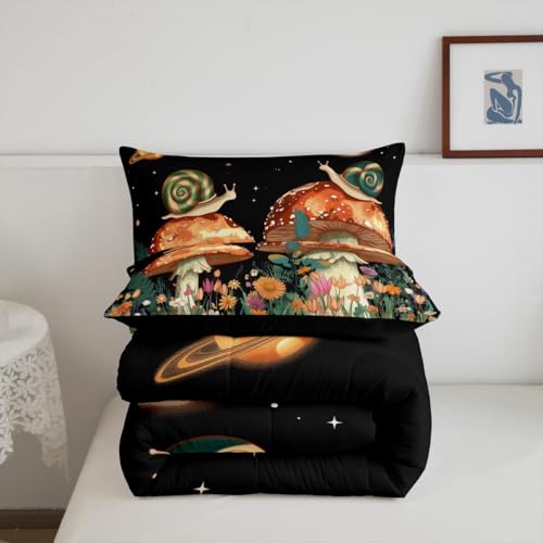 Image of Feelyou Mushroom Floral Botanical Comforter Set Twin Size Kids Boys Girls | Teens Butterfly Snail Nature Duvet Set Room Decor 2Pcs Warm Cozy Breathable Lightweight All Season