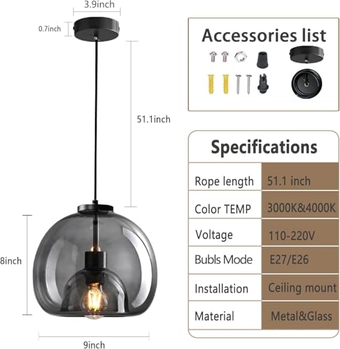 2-Pack Large Smoke Glass Pendant Lights for Kitchen Island <br>
Modern Pendant Lighting Fixtures for Kitchen, Dining Room, Living Room <br>
Includes Extra Bulbs & |26FT Adjustable Cord