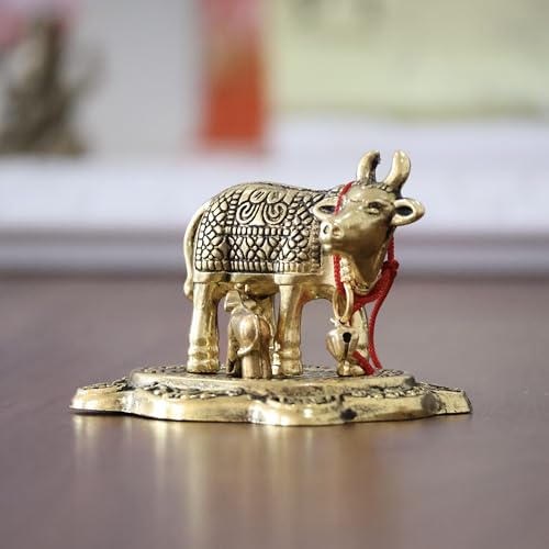 Image of KridayKraft Kamdhenu Cow with Calf Metal Rajasthani Handicrafts Decorative Showpiece for Gifting Anniversary Valentine's Day (Golden)