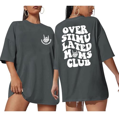 Image of Yuyiify Oversized Tshirts for Women Mama Overstimulated Cool Moms Club Skeleton Shirt Funny Mom Graphic Tees Top