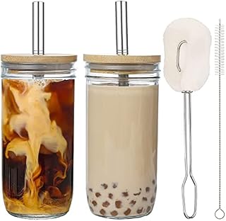 ALINK 2-Pack 24 oz Boba Cup Bubble Tea Cups, Reusable Mason Jar Cups / Wide Mouth Smoothie Cups with Wood Lids and Silver Straws, Iced Coffee Cups, Clear Tumblers Drinking Bottle with Cleaning Brush