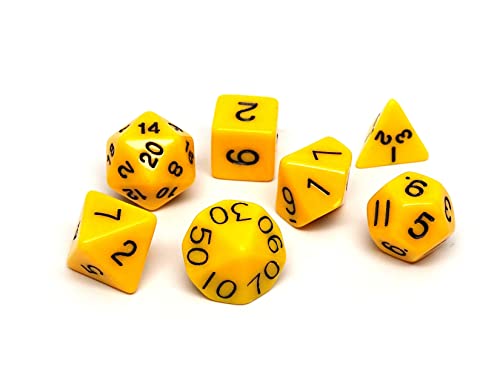Juego de dados poliédricos d20 d12 d10 d8 d6 d4 d00 amarillos opacos de 7 piezas