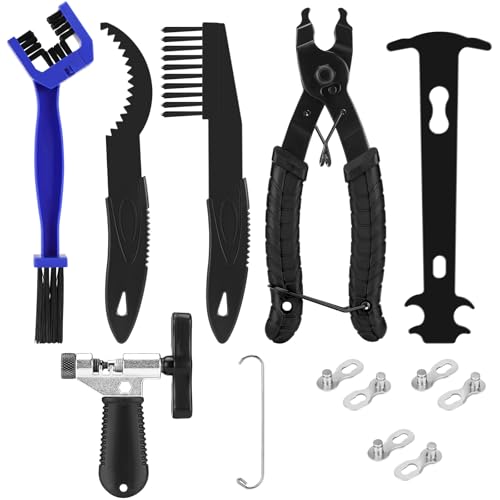 Juego de Herramientas de Cadena de Bicicletas, Tronchacadenas Bicicleta, Alicate de Cadena de Bicicletas, Medidor Cadena Bicicleta, 5 Pares de Remaches, 3 Cepillo, para Bicicleta6-12Cadena Eslabones