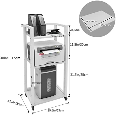 PUNCIA 3-Tier Movable Printer Stand with Storage Rolling Floor-Standing Deskside Shredder Computer Host Stand Adjustable Storage Shelf Rack on Wheels for Office Supplies Fax Scanner File Book