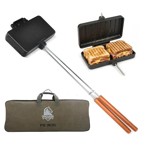 Image of Campfire Pie Iron 8.6 inch Large Cast Iron Sandwich Maker for Camping with Storage Bag - 21.7 inch Adjustable Handles - Campfire Cooking Equipment for Grilling & Outdoor Cooking