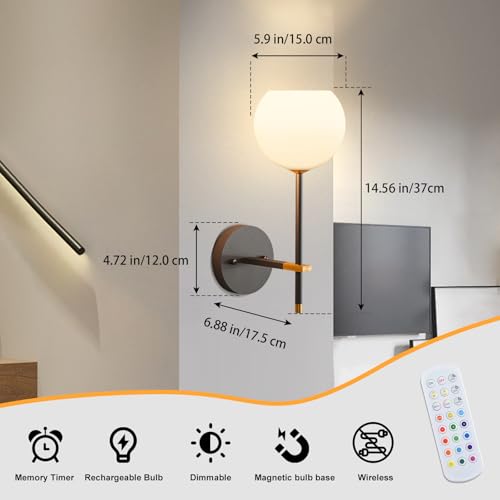 Image of Black Gold Battery Operated Wall Sconces Set of 2, Rechargeable Wireless Wall Lights with Milky White Frosted Glass, 12 RGB and 3CCT Dimmable, Wall Lamps with Remote for Bedroom Living Room Hallway