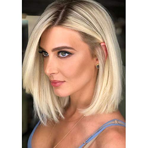 Kmously Ombre Bob Wig Short Blonde Wigs 14 Inches Brown Roots Side Part Short Straight Synthetic Wigs for Women
