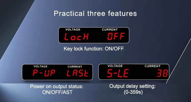 Display of MATRIX APS-4000B showing Key Lock, Power On Output Status, and Output Delay settings.