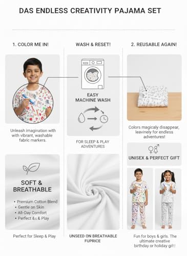 Image of Soft Lycra Reusable Kids T-Shirt & Pant Set with 10 Washable Marker Pens | DIY Coloring Clothes for Boys & Girls | Reusable Creative Pajama Gift Set(4-5 Year)