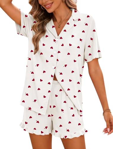 Image of SWOMOG Woman Pajama Set Short Sleeve Pjs Set 2Pcs Short Pajamas Button Down Ruffle Hem Sleepwear Soft Modal Loungewear