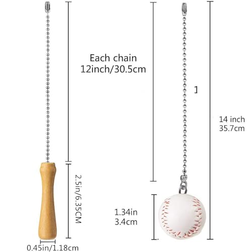 Image of Baseball and Baseball Bats Ceiling Fan Pull Chain Ornaments Extender,with 12 inch Silver Bead Chain Fan Pulls