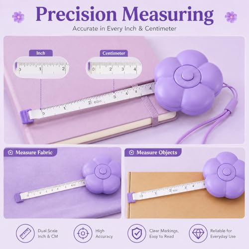 Image of Woffely Flower Shape Retractable Measuring Tape Soft Tape Measure with One-Button Retraction, Portable Mini Measuring Tape with Wrist Strap for Sewing, Tailoring, Body Measurement & Craft
