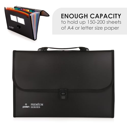 Image of POLEN Premium Series Expanding File Folder with Coloured Inner, 13 Pockets, Handle, and Buckle Closure, Fullscape Size for Travel, Home, Office to Arrange Your Document (Black)