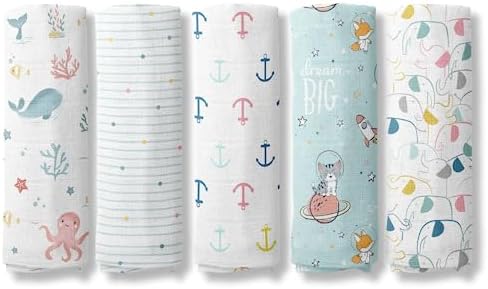 haus & kinder 100% Cotton Muslin Swaddle Wrap for New Born Baby | Pack of 5 (100×100 cm) | Baby Blanket & Swaddles for Newborn | Nautical Collection