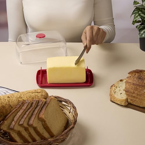 Image of Nayasa Smart Transparent Butter Dish with Lid & Butter Knife | BPA-Free Food Grade Plastic Butter Storage Container | Easy to Clean Butter Keeper for Butter, Cheese & Table Serving | Red