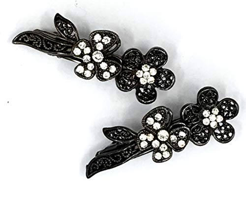 2 Pieces Set Flower Plant Design Clear Rhinestone With Black Grey Color Metal Clips