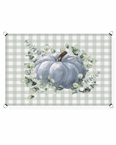 Boanket Sun Shade Sail 8' x 10', Fall Pumpkin Rectangular Waterproof Outdoor Sun Shades, Blue Pumpkin Eucalyptus Leaves Plaid Shade Cloth for Patio Deck Terrace Garden Lawns Beach Backyard