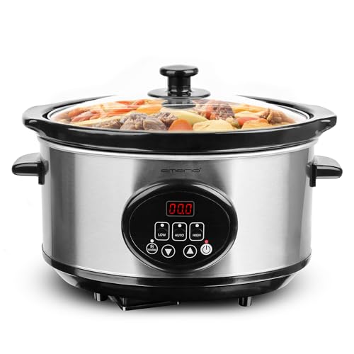 EMERIO Olla de cocción lenta SC-129406 - Depósito interior de cerámica de 3,5 l (extraíble) - 3 niveles de temperatura - Pantalla - Temporizador - Tapa de cristal - 240 W - Función de mantenimiento