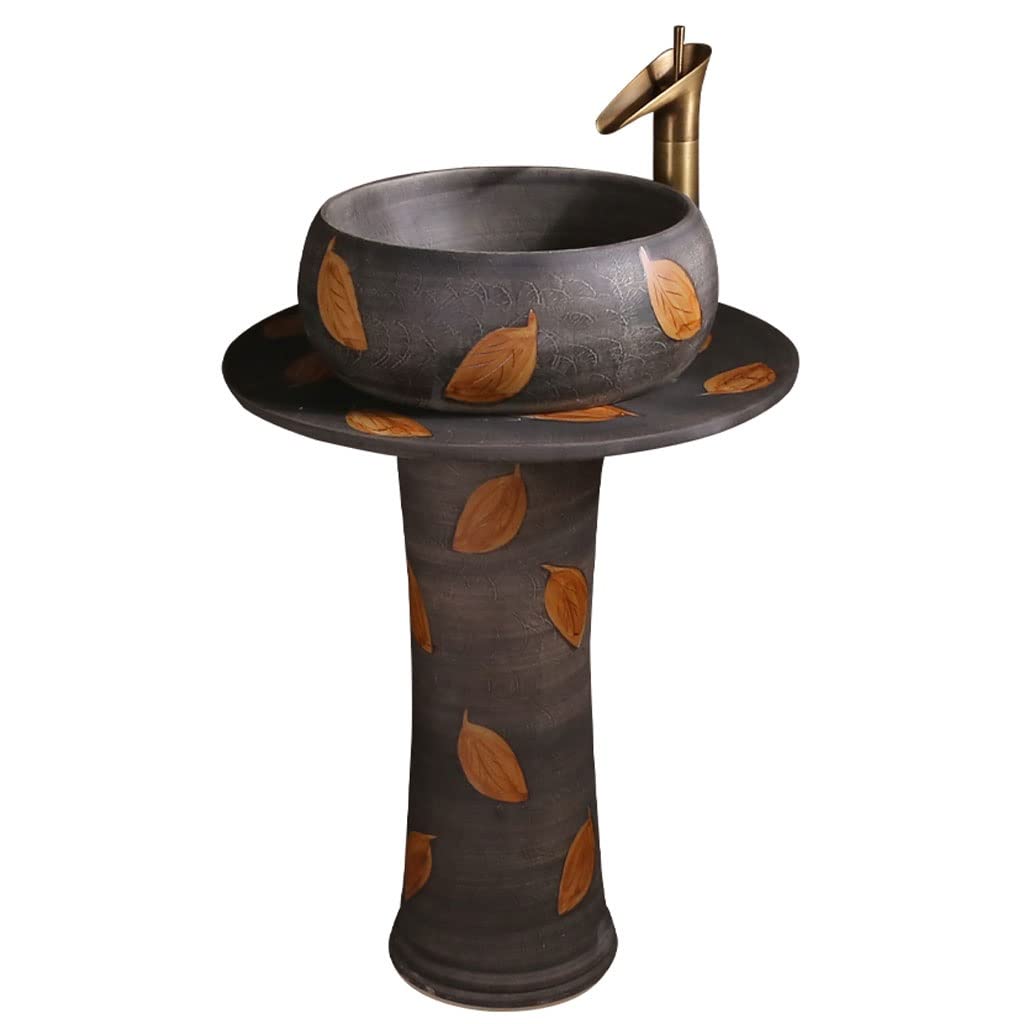 Bathroom Sink Pedestal Vessel Sink Carved Leaf Art Post Basin Vintage Ceramic Washbasin One-Piece Combo with Faucet