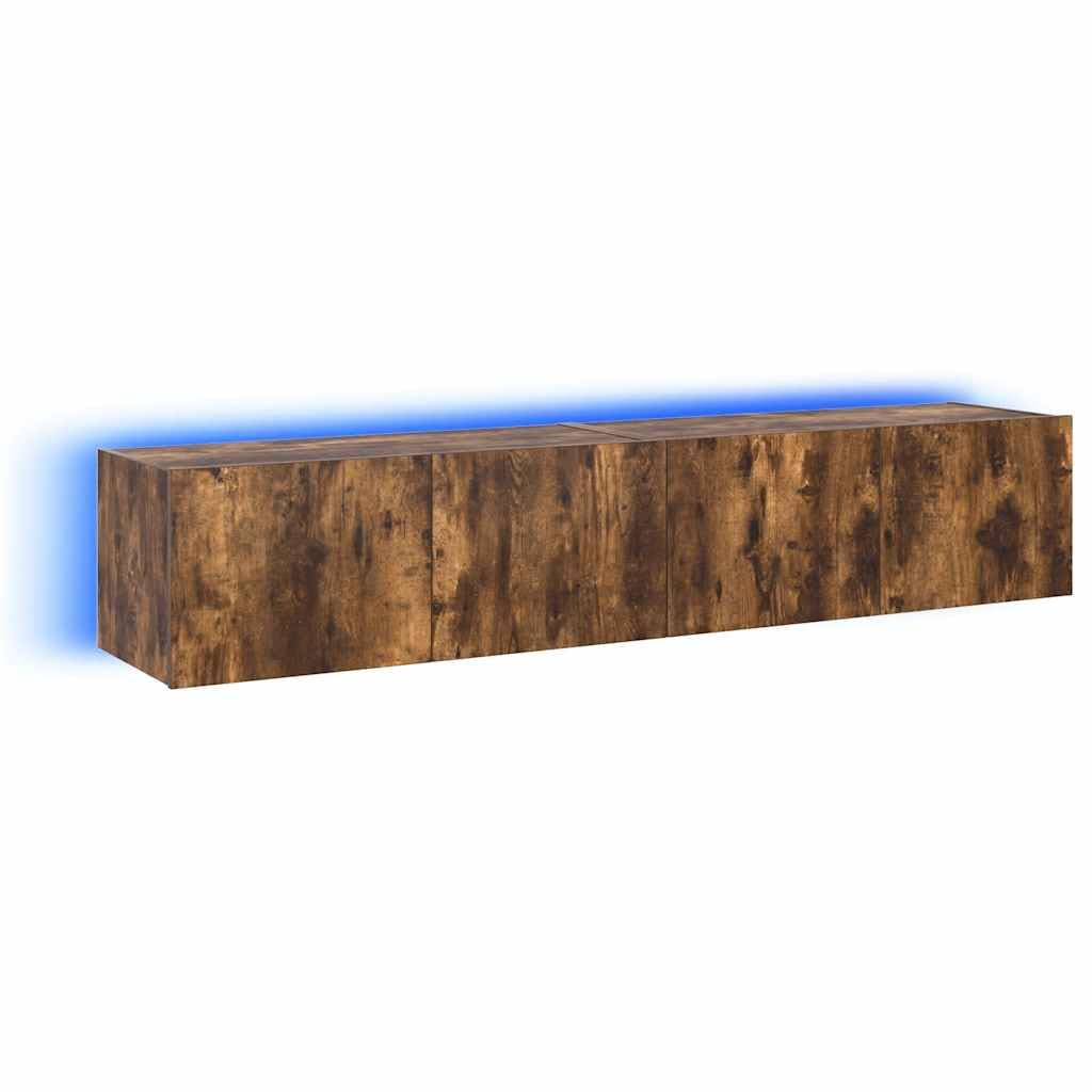 vidaXL TV Wall Cabinets with LED Lights 2 pcs, Floating TV Unit for Living Room Office, Wall Mounted TV Cabinet with Shelf, Modern Style, Smoked Oak
