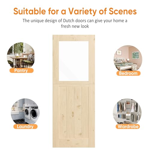 SOLRIG Interior Dutch Door, 30" x 80", Half Clear Glass Split Single Pantry Door Slab, Modern Style Farmhouse Closet Doors, Natural Pine Wood(Hinges Not Include)