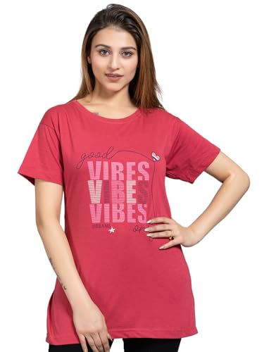 Image of Magknit Fancy Printed Both Side Cut Cotton Blend Half Sleeves and Lightwiegt Trendy Summer Long T Shirt for Women