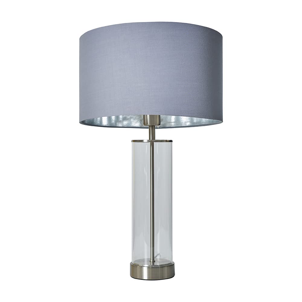 Minisun Grey/Chrome | Contemporary Brushed & Clear Tube Table Lamp With A Cylinder Shade | Home Décor, Bedside & Desk Lamp | Includes Bulb [3000K Warm White]
