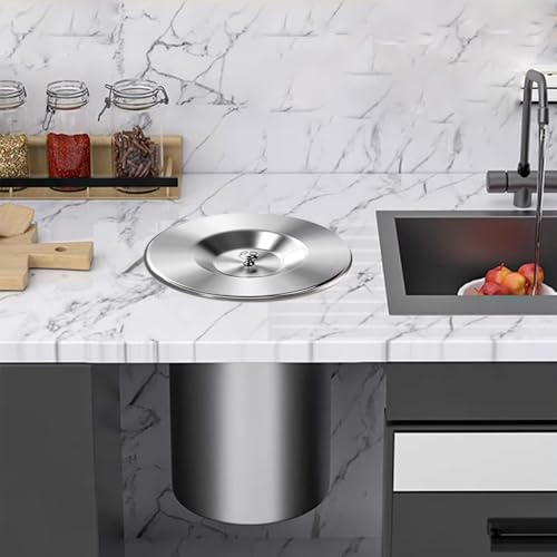 Image of 8L /2.1GAL Embedded Trash Bin with Lid,Trash Chute,Drop-in Trash Can,Built-in Waste Basket for Kitchen,Washbasin, Dining Room,Restaurant (8L-Set（Silver)