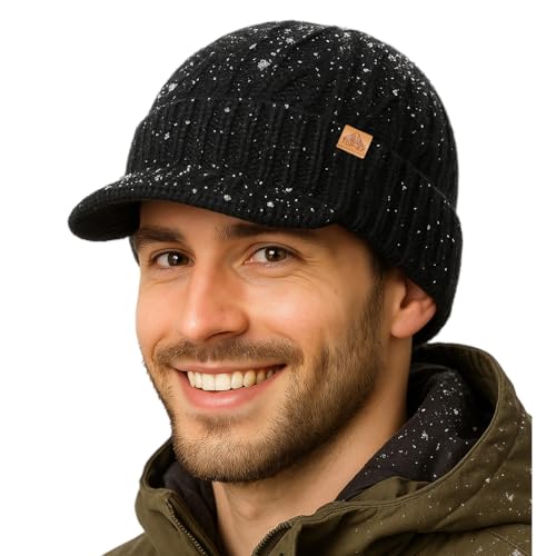 TOP-EX DryKnit™ Gorro de punto impermeable de lana Merino L/XL/XXL con visera forrado de forro polar, gorro de invierno cálido para hombre y mujer, Negro , XL-XXL