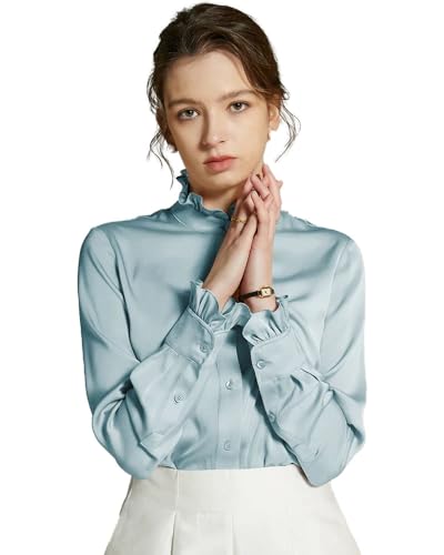 DAISYSILK Stand Collar Silk Blouse for Women with Ruffle Trim,