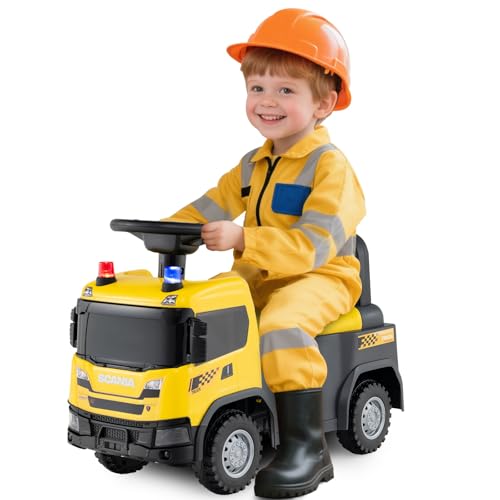 HONEY JOY Ride On Construction Vehicle for Kids, Licensed Scania Push Car for Toddlers, Light & Sound, Under-Seat Storage, No Power Foot-to-Floor Ride On Toy for Boys Girls Gift, Yellow