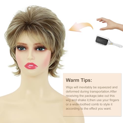 SEVENCOLORS Short Blonde Wigs for White Women Synthetic Hair Mixed Brown Wigs with Bangs Natural Layered Pixie Cut Wig for Women