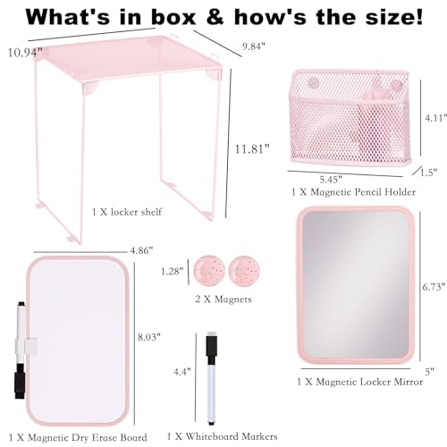 Pink Locker Accessories with Locker Shelf, Magnetic Mirror, Magnetic Pen Holder, Magnetic Small Whiteboard, Back to School Essentials Locker Decorations, 7 Piece Locker Organizer for Work
