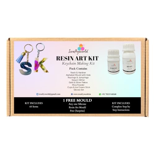 Image of ICRAFTYWORLD DIY Resin Art Kit with Mould Pendant, Alphabet Keychain, Jewellery Making Kit Resin Art Set Resin Kit for Beginners with Alphabet Mould & More 68 Pcs