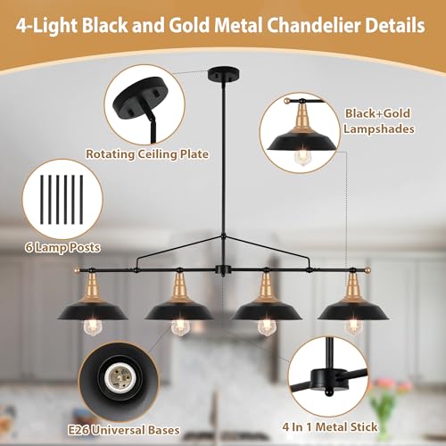 Image of 4-Light Linear Chandelier Black and Gold Kitchen Island Light Fixture