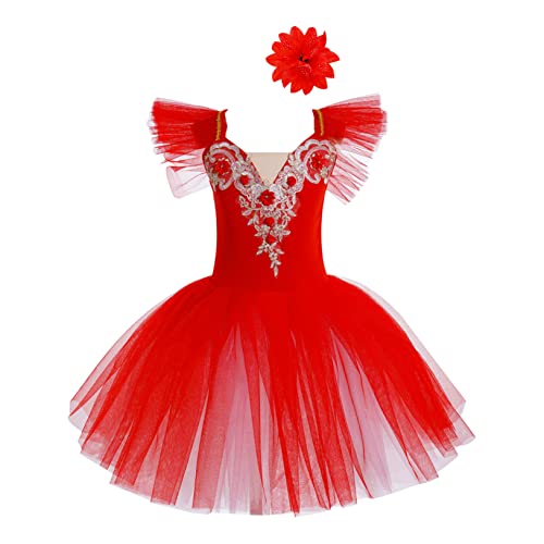 Freebily Justaucorps Gymnastique Enfant Fille Tutu Ballet Robe Patinage Danse Classique Tenu Fille Tutu Cours de Danse Moderne Performance Chic 1-14 Ans Z Fleur Rouge 5-6 Ans