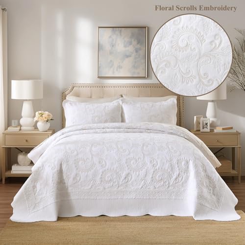 Oversized King Bedspread 120x120, Damask Scrolls Embroidery, Beige/White - image 2