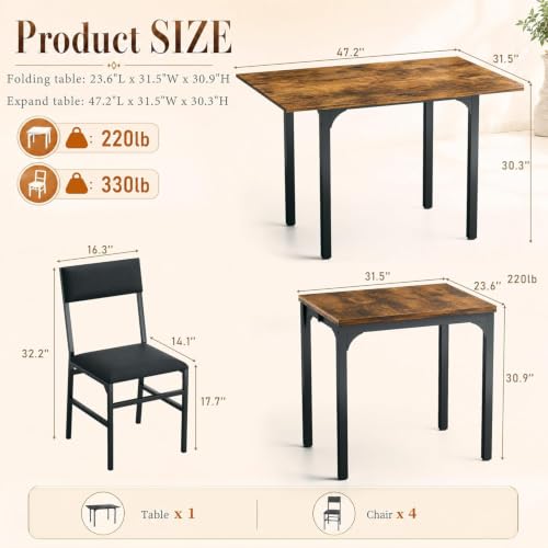Image of HUAHUU 5-Piece Dining Table Set for 4, Extendable Kitchen Table Set with 4 Upholstered Cushion Chairs, Rectangle Table with Metal Frame & MDF Board, Folding Space-Saving for Small Apartment, Rustic