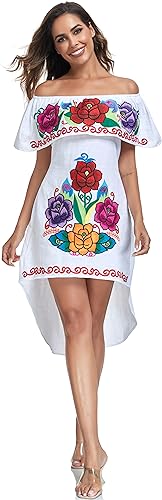 Image of YZXDORWJ Women's Mexican Asymmetrical Dress Embroidered Floral Off-Shoulder Cocktail Latina Fiesta Dress