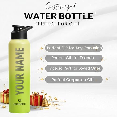 Image of Speedex Engraved Name Stainless Steel Sipper Water Bottle 1 Ltr - Customised Personalised Bottle for Kids & Adults, School, Gym, Sports, Black, Set of 1 (Lime Green, Set Of 1)