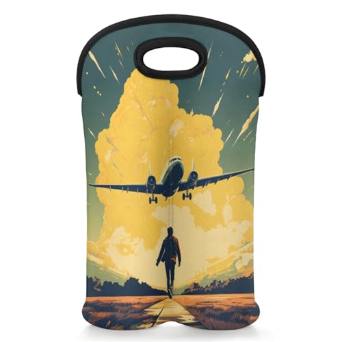 GzLeyigou 2 Bottles Man and Pkane Wine Bag Sleeve Totes Neoprene Protective Wine Carrier Bag for Wine,Water, Champagne, Beer, Baby Bottles,Gift 14.5 x 10 Inches