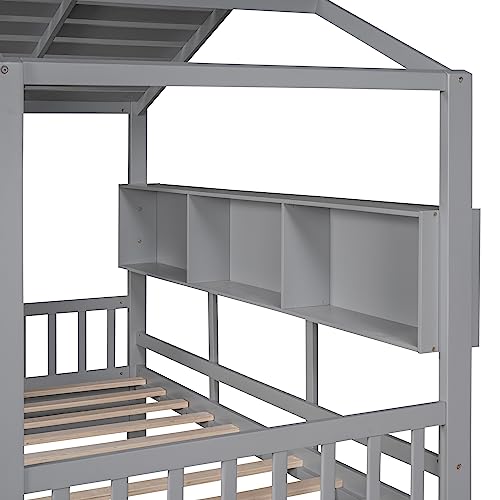 Image of Modern Twin Size House Bed with Roof and Window, Wooden Daybed Frame with Shelves and 2 Drawers,Bedroom Furniture for Girls & Boys (Gray+2 Drawers /)